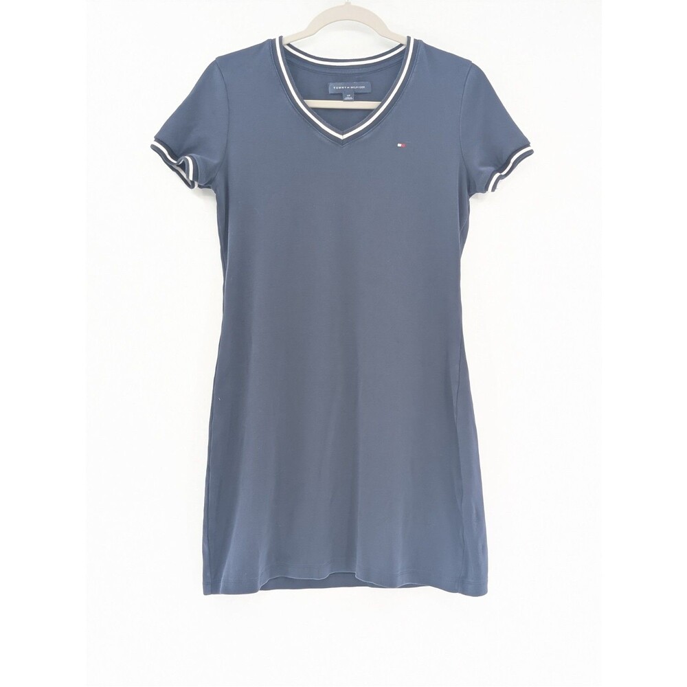 Tommy Hilfiger Navy Logo T-Shirt V-Neck Pullover Cotton Summer Dress Size Small - Picture 3 of 9
